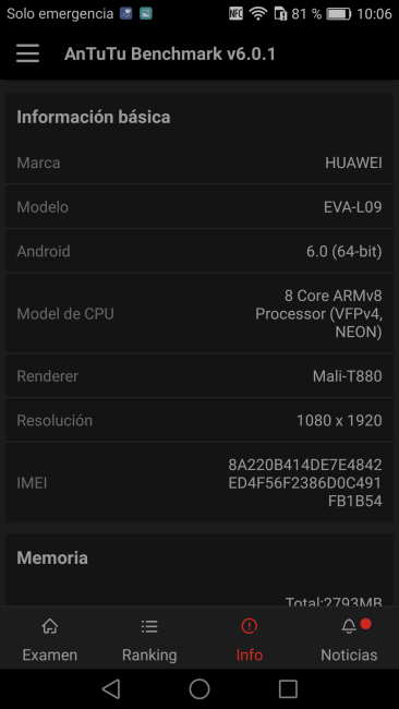 Datos en AnTuTu del Huawei P9