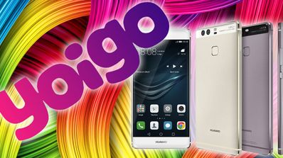 Huawei P9 con fondo multicolor y logo de yoigo
