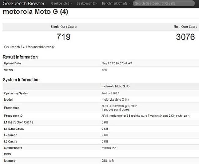 Características del Motorola Moto G4 en GeekBench