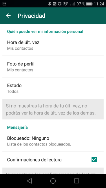 Opciones de privacidad de WhatsApp