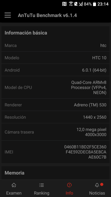Datos de AnTuTu del HTC 10