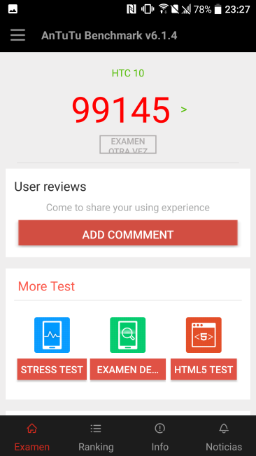 Resultado en AnTuTu del HTC 10