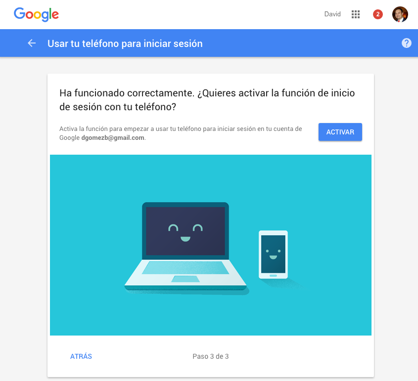 pantalla activación móvil Gmail