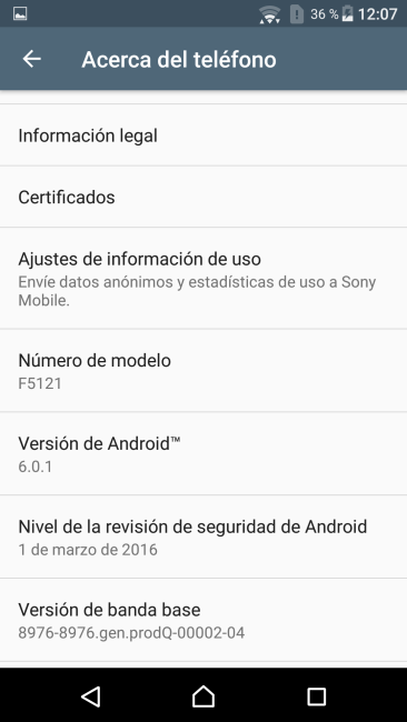 Información del sistema Sony Xperia X
