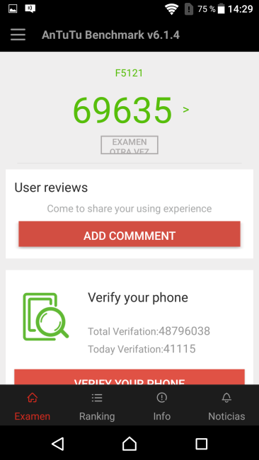 Resultado en AnTuTu del Sony Xperia X