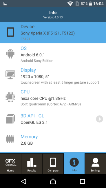 Datos hardware en GFXBench con el Sony Xperia X