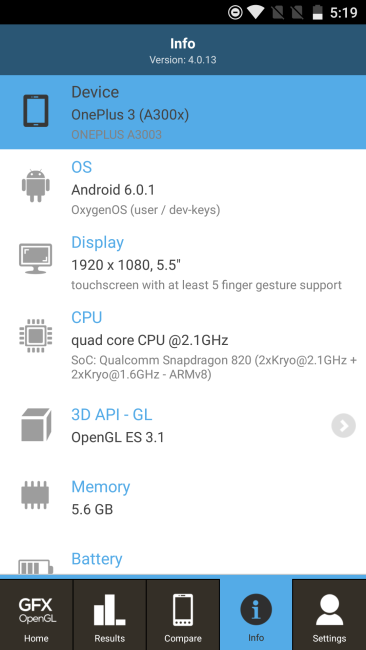 Datos del OnePlus 3 en GFXBench
