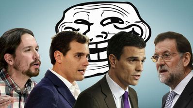 pablo iglesias, albert rivera, pedro sanchez y mariano rajoy con meme de trollface