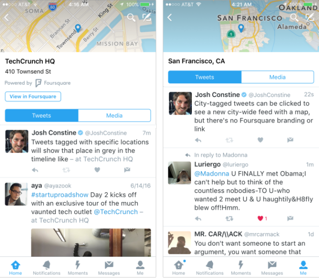 pantallas twitter con mensajes geolocalizados