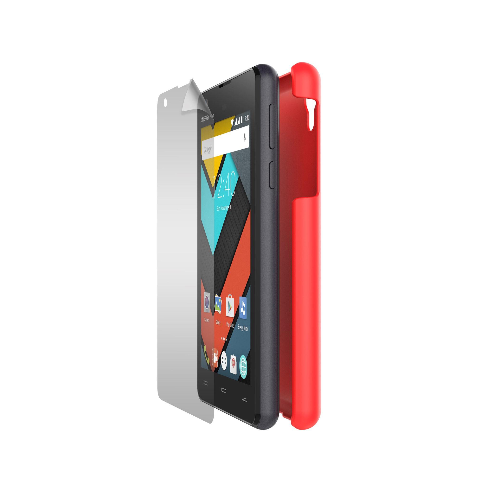 Energy Phone Neo Lite negro con funda de color rojo y protector de pantalla