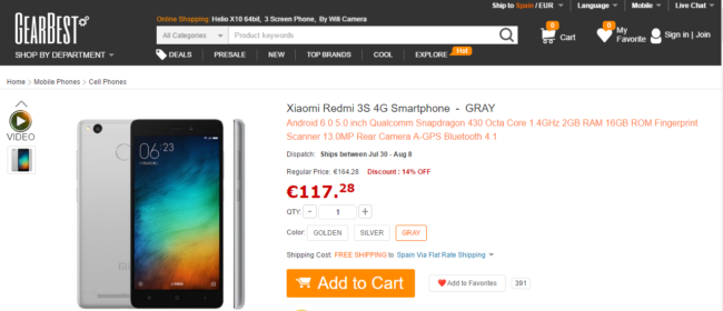 Página del Xiaomi 3S en la tienda GearBest