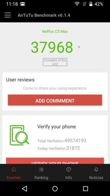 Resultado con el TP-Link Neffos C5 Max en AnTuTu