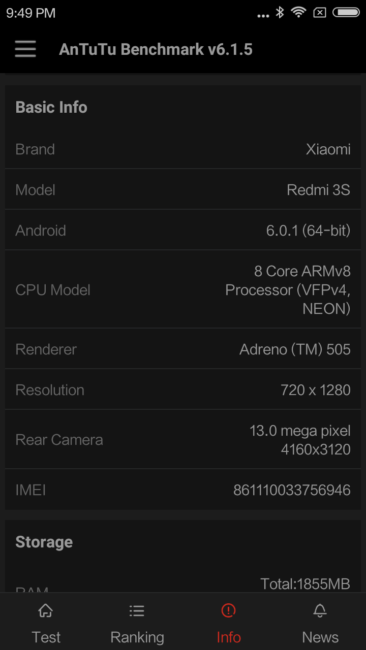 Datos en la prueba ANTuTu del Xiaomi 3S