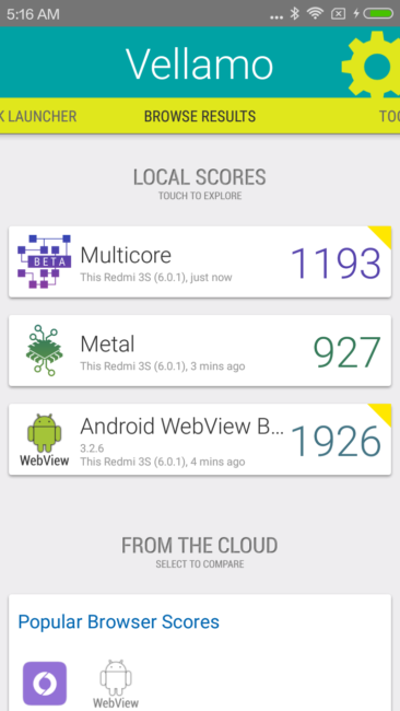 Resultado en Vellamo del Xiaomi 3S