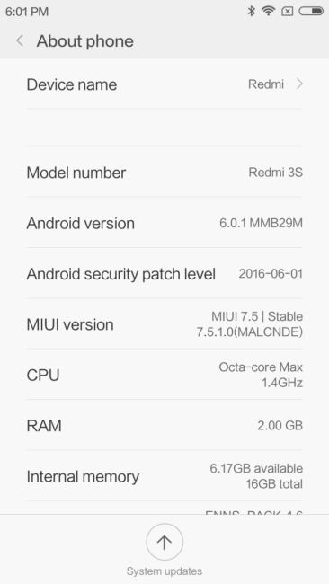 Información del sistema del Xiaomi 3S