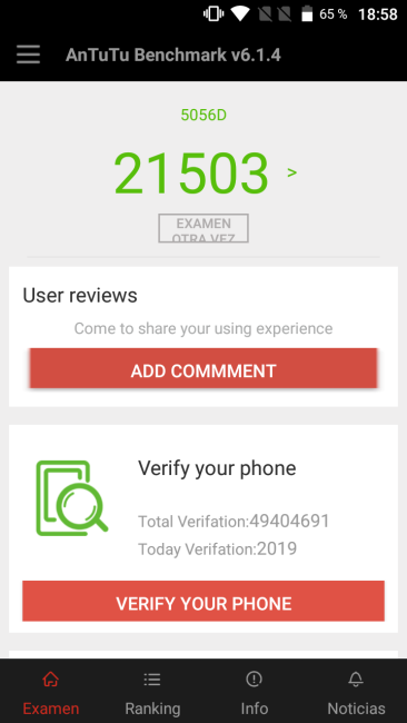 Resultado en AnTuTu del Alcatel POP 4 Plus