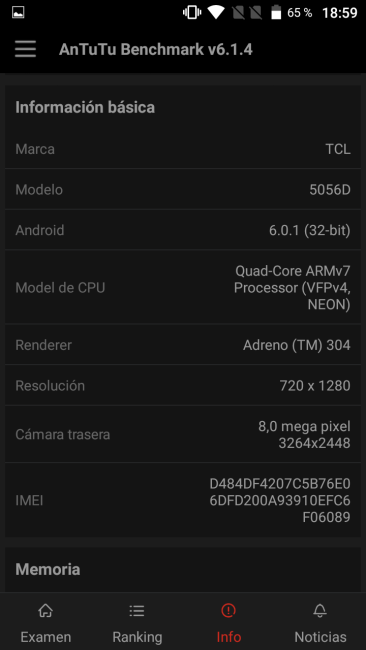 Datos dn AnTuTu del Alcatel POP 4 Plus
