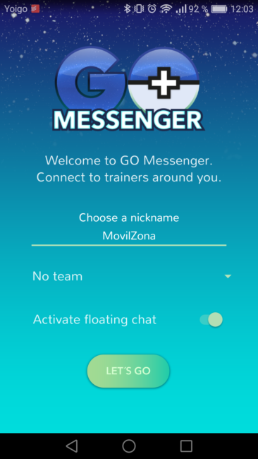 Go Messenger pantalla de login