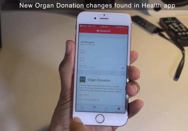 OPción de donación de órganos en App Health de iOS 10 Beta 2