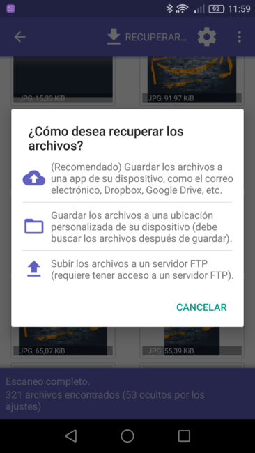 DiskDigger Android - Ruta donde recuperar fotos