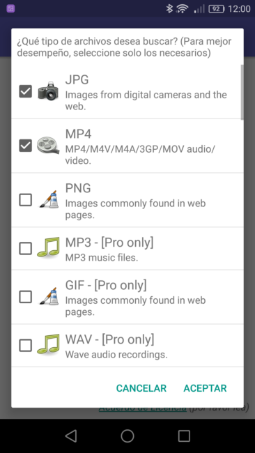 DiskDigger Android - Tipos de archivos a recuperar Pro