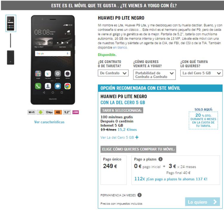 Oferta del Huawei P9 Lite en Yoigo