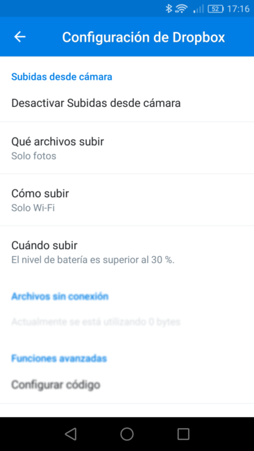 Opciones de sincronización automática de fotos en Dropbox para Android