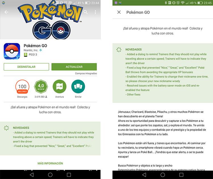 Actualización de Pokémon GO en Google Play