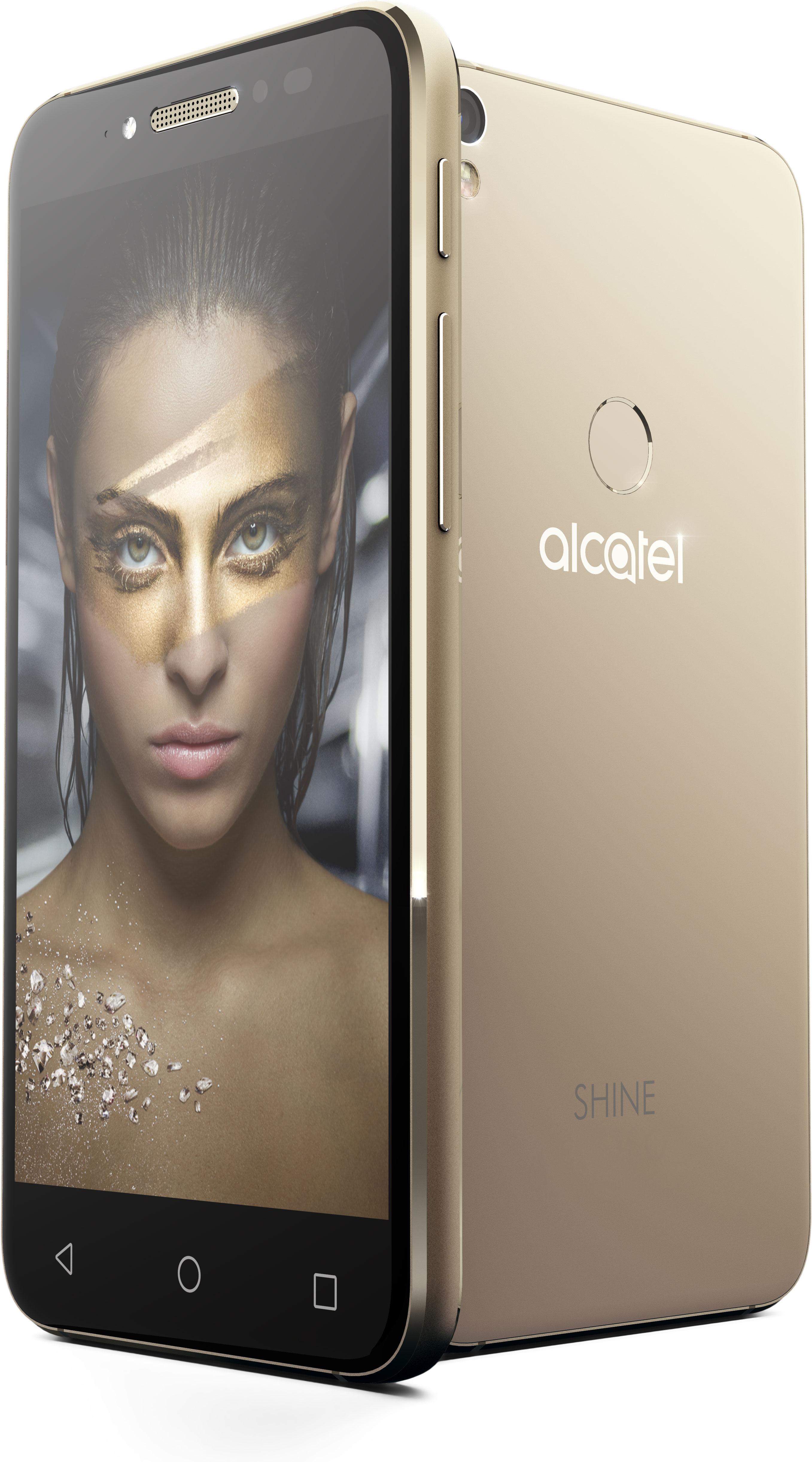 Alcatel Shine dorado con chica en pantalla