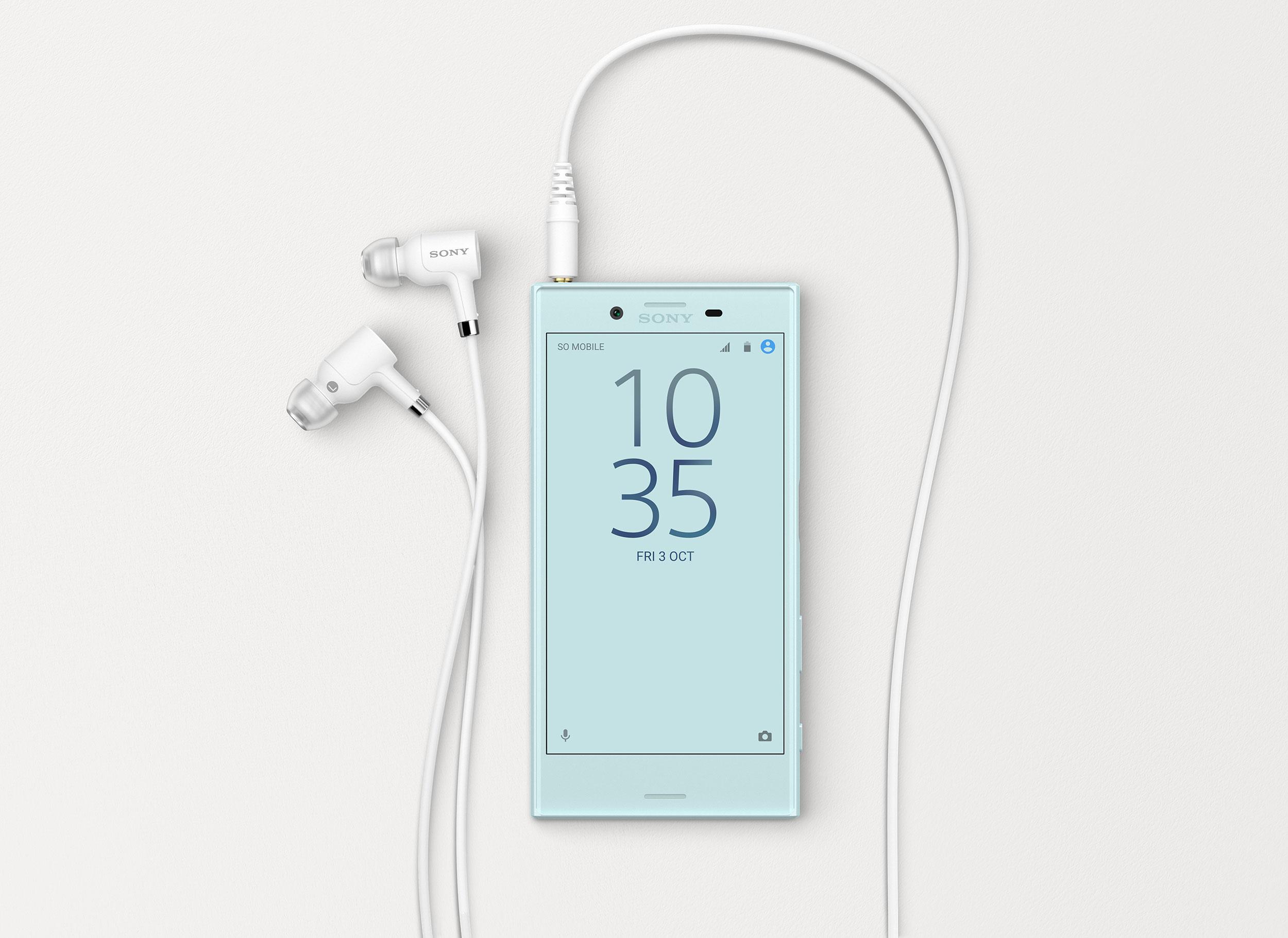 Sony Xperia Compact gris claro con auriculares