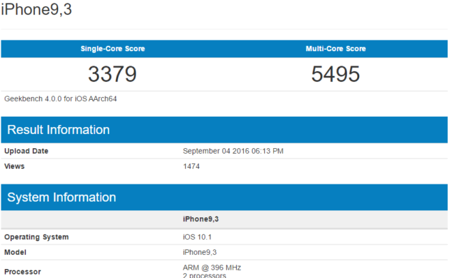 Resultado del iPhone 7 Plus en Geekbench