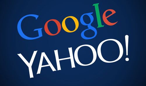 logos de google y yahoo sobre fondo azul