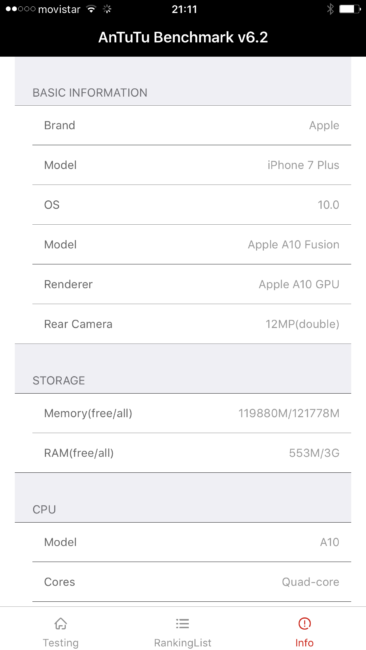 Datos en AnTuTu del iPhone 7 Plus