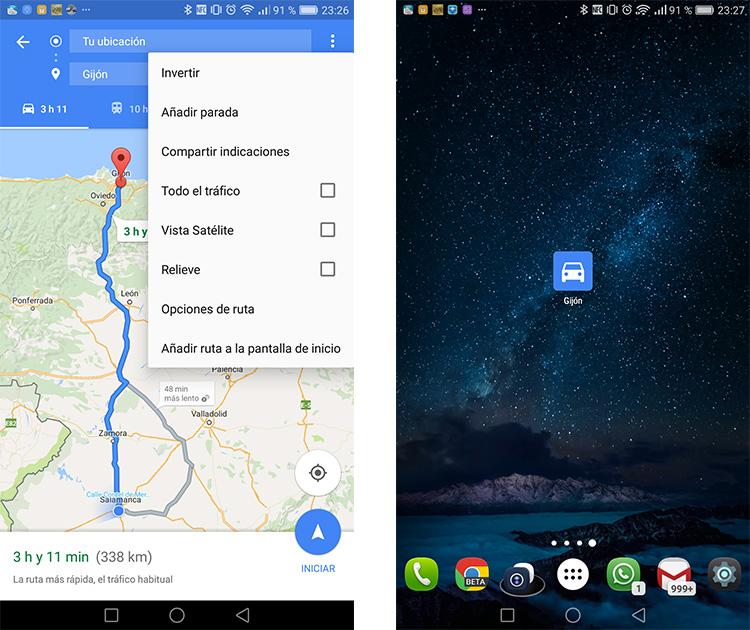 Accesos directos a las rutas de Google Maps