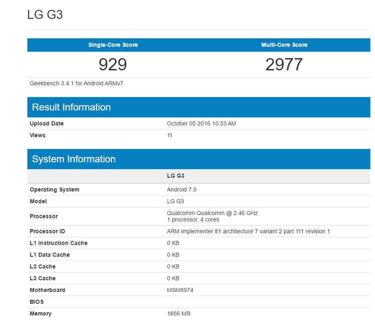 LG G3 con Android 7.0 Nougat en GeekBench