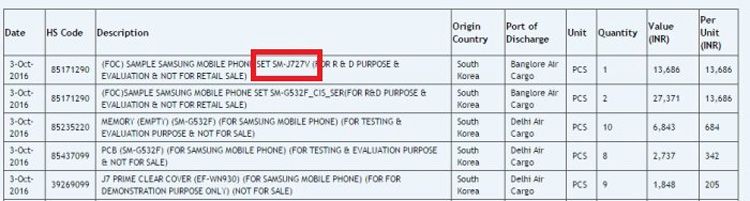 Registro en Zauba de la presentación del Samsung Galaxy J7 (2017)