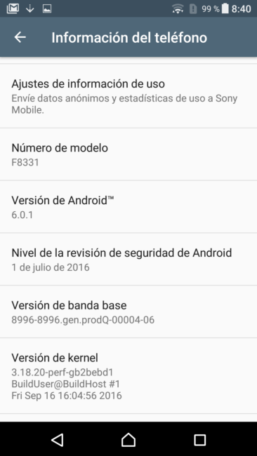 Datos del SO del Sony Xperia XZ