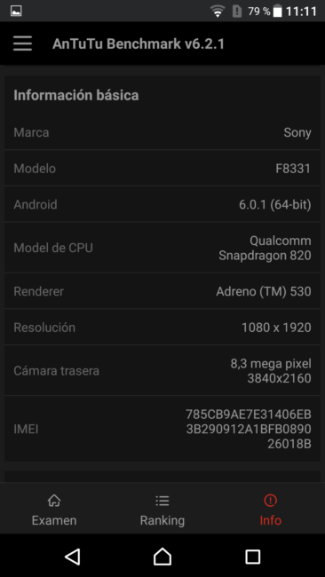 Datos de AnTutu del Sony Xperia XZ