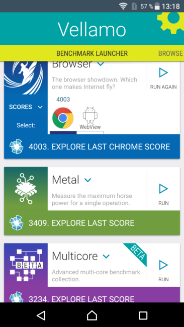 Resultado en Vellamo el Sony Xperia XZ