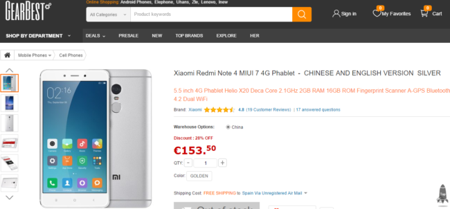 Página venta Xiaomi Redmi Note 4
