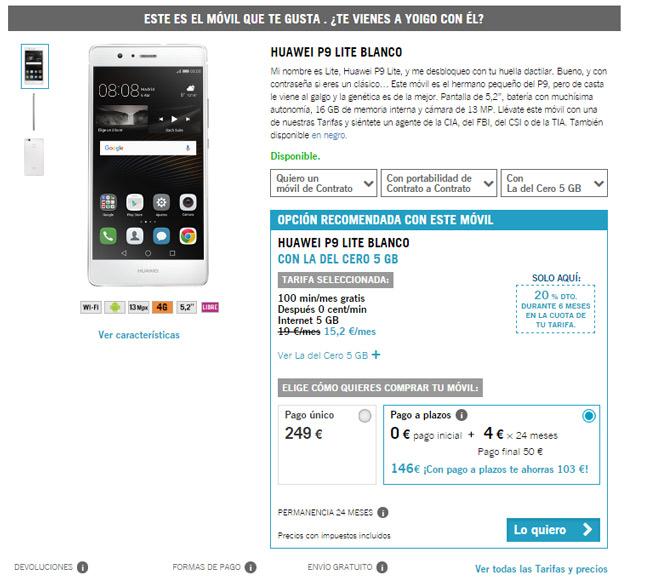 Precio del Huawei P9 Lite con Yoigo