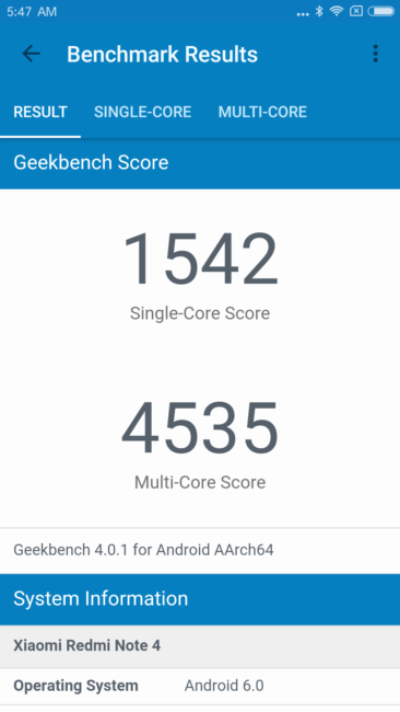 Resultado en GeekBench del Xiaomi Redmi Note 4