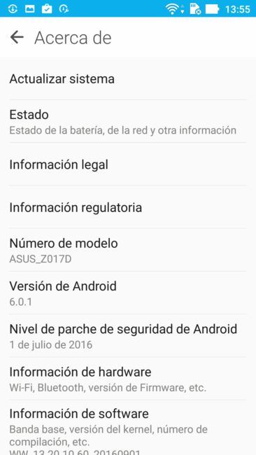 Información del sistea del ASUS zenfone 3