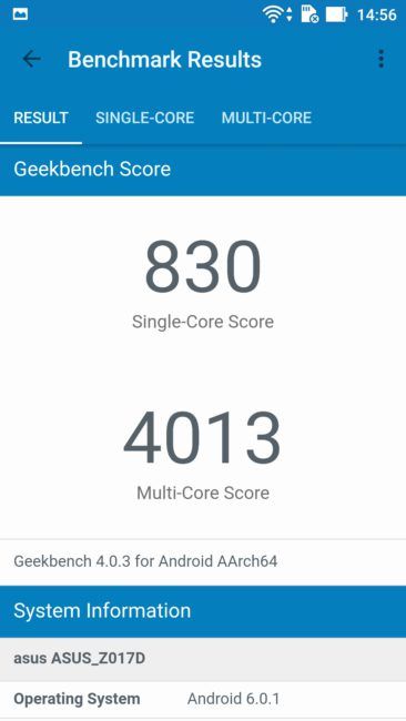 Resultado en GeekBench ASUS Zenfone 3