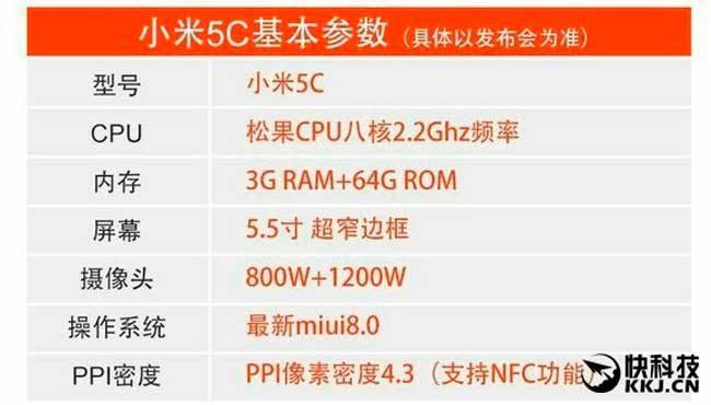 ficha técnica del Xiaomi Mi5c