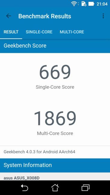 Resultado en Geekbench del ASUS Zenfone 3 Max