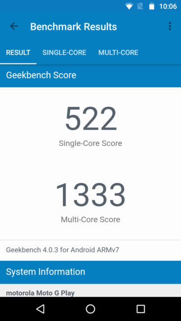 Resultado en Geekbench Motorola G4 Play