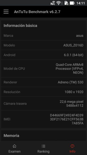 Datos en prueba anTuTu del ASUS Zenfone 3 Deluxe