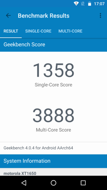 Resultado en GeekBbench del Moto Z