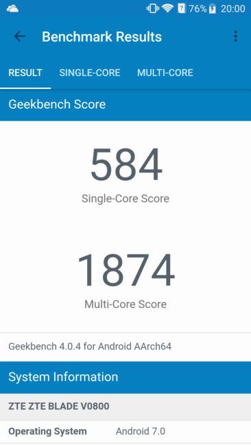 Resultado en GeekBench del ZTE Blade V8